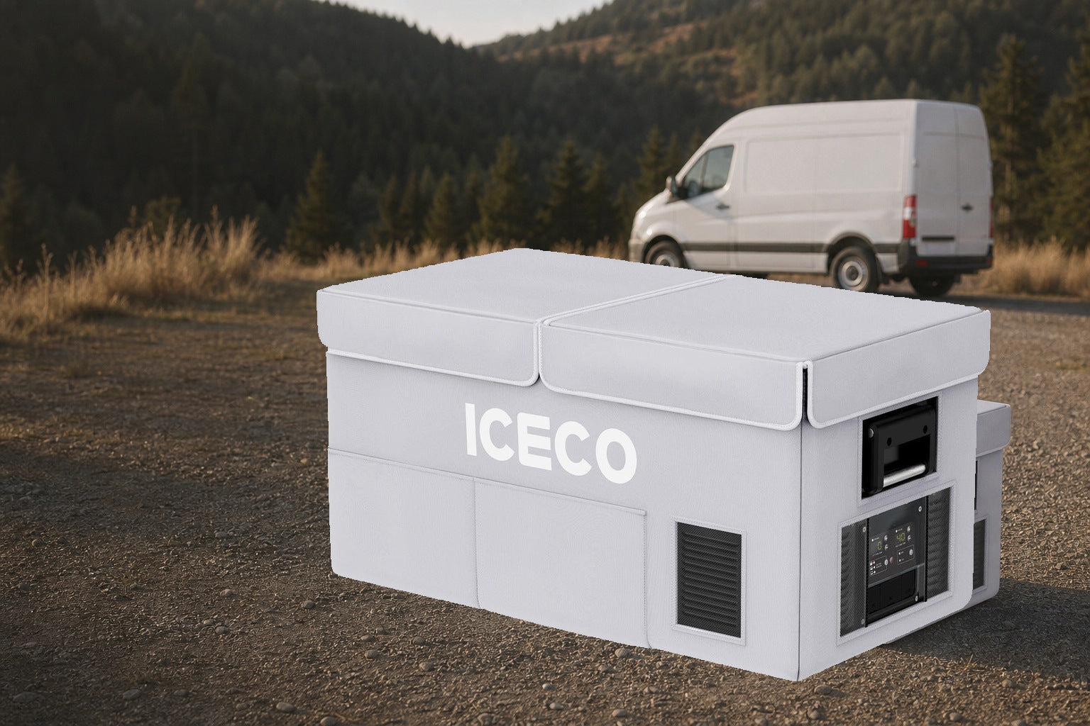 An insulated cover fitted to a 12 volt chest fridge in a van