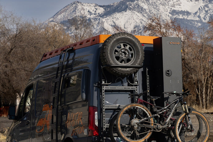 Rear door mounted storage on a Ram ProMaster with both doors open