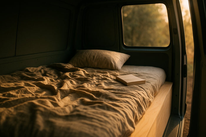 Morning light on plain bedding over a bare plywood sleeping platform inside a van