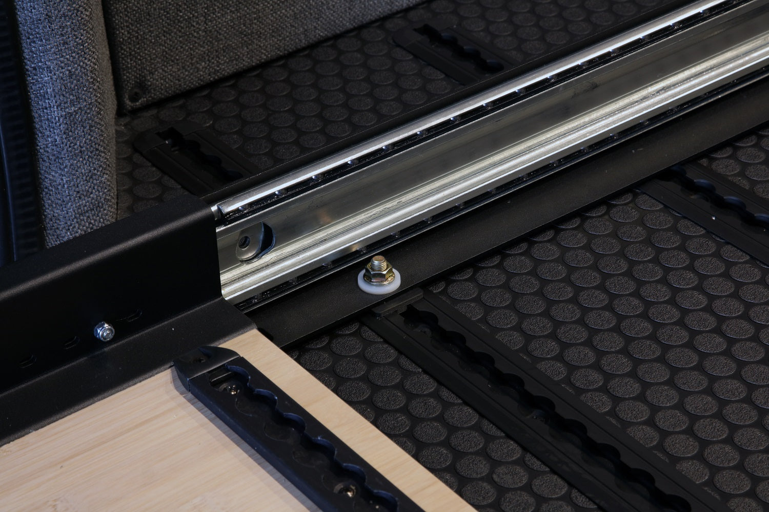 Installed view of the RB Components 60 Inch DIY Slide Tray Kit, a full extension slide tray with a timber deck for van cargo