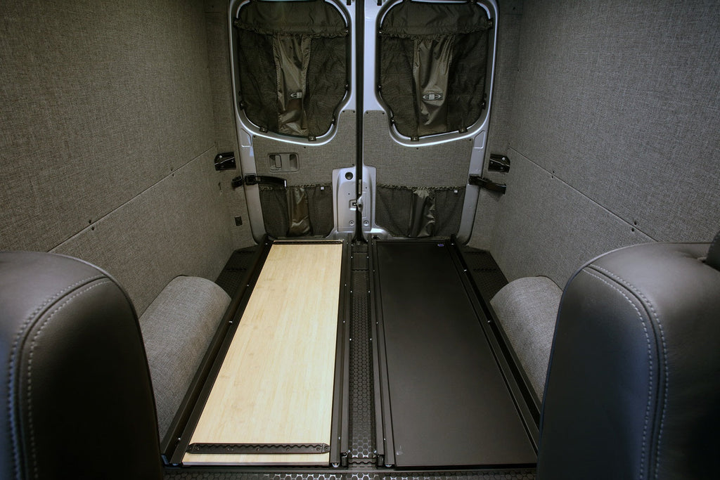 Product view of the RB Components 60 Inch DIY Slide Tray Kit, a full extension slide tray with a timber deck for van cargo