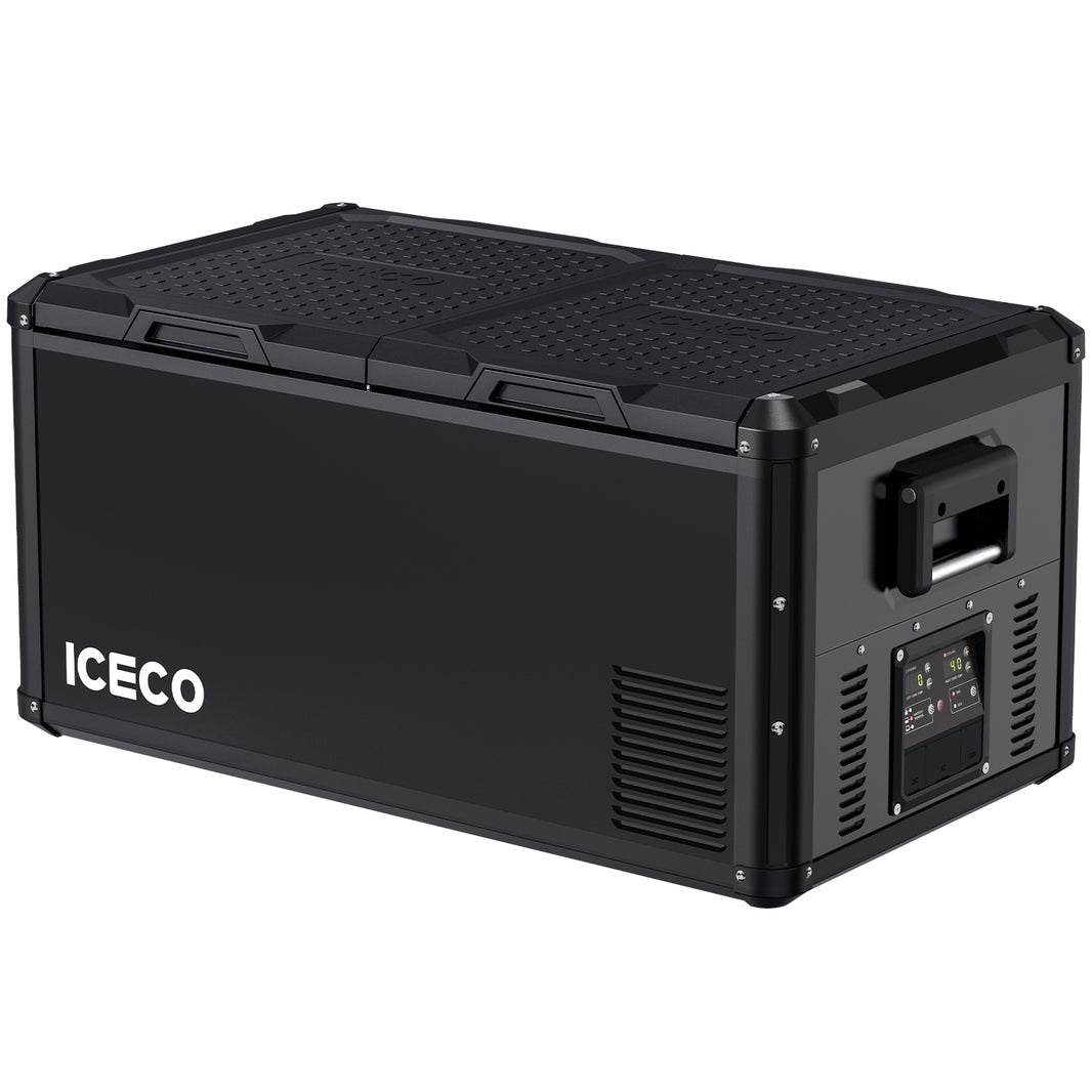 ICECO VL90ProD dual zone 12 volt fridge freezer, a 90 liter compressor chest fridge in black