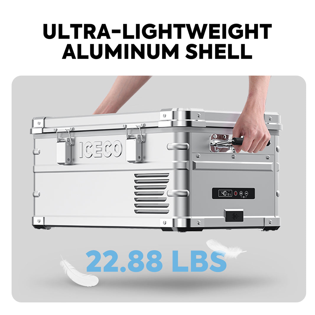 Angled view of the ICECO APL20 Single Zone Aluminum Freezer, a 12 volt compressor fridge for overland travel