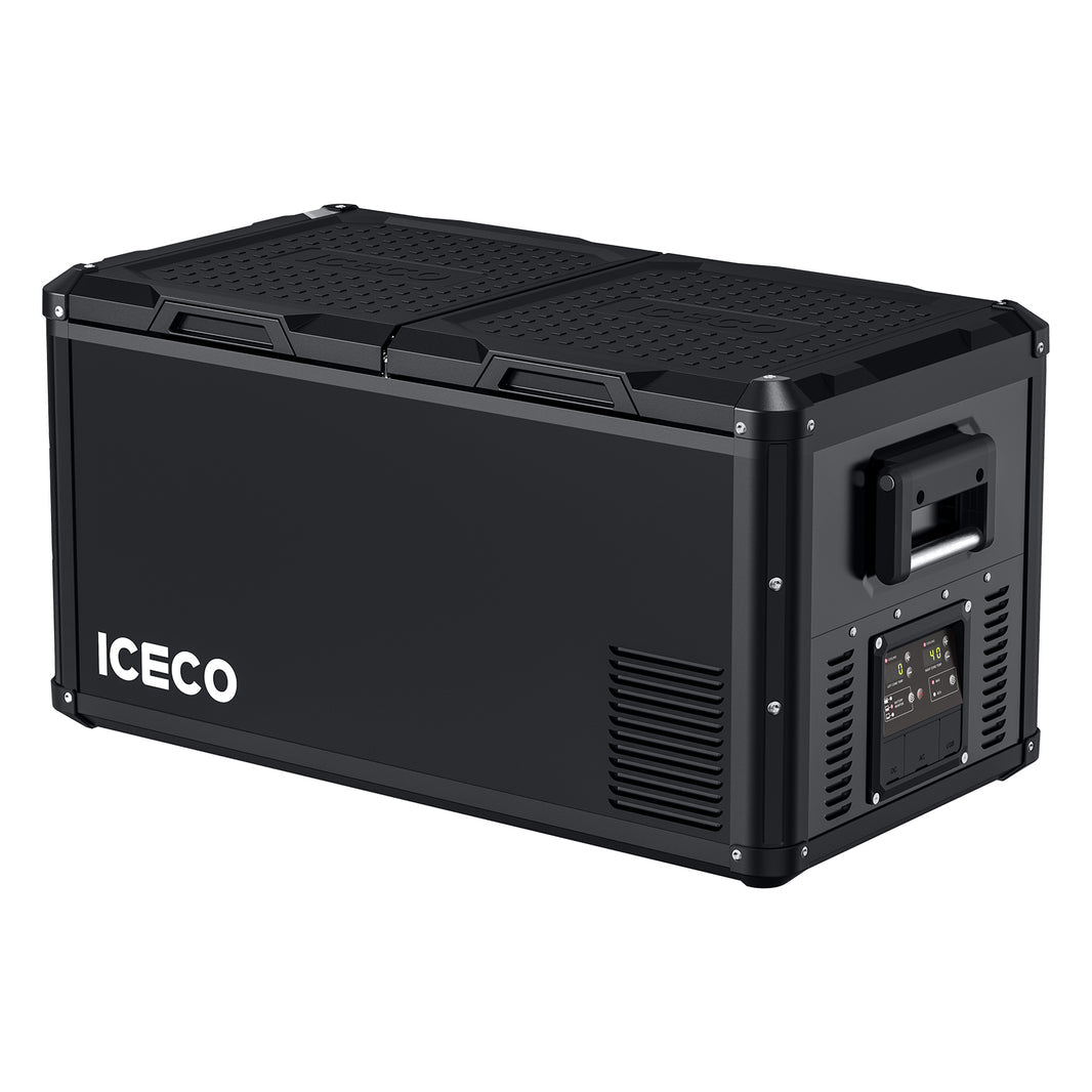 ICECO VL75ProD dual zone 12 volt fridge freezer, a 75 liter compressor chest fridge in black