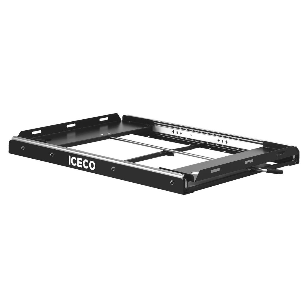 Close up of the ICECO Fridge Slide Mount for APL55 and VL60Pro, a steel slide mount for mounting the fridge in a vehicle