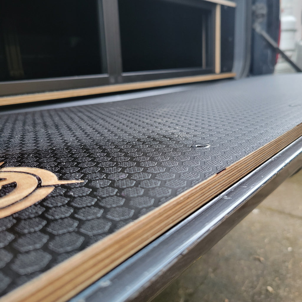 Alternate view of the Overland Custom Design Land Cruiser Tailgate Work Panel, a fabricated part for Land Cruiser builds