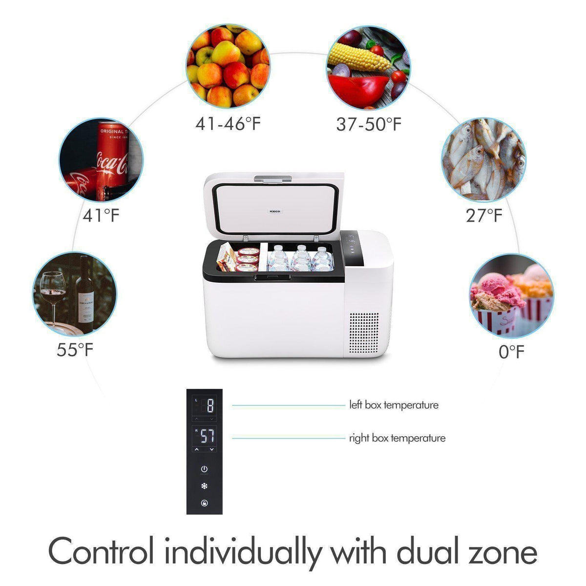 Studio view of the ICECO GO20 Dual Zone 12 Volt Portable Fridge Freezer, a 12 volt compressor fridge for overland travel