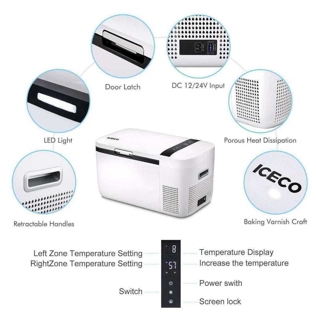 Angled view of the ICECO GO20 Dual Zone 12 Volt Portable Fridge Freezer, a 12 volt compressor fridge for overland travel