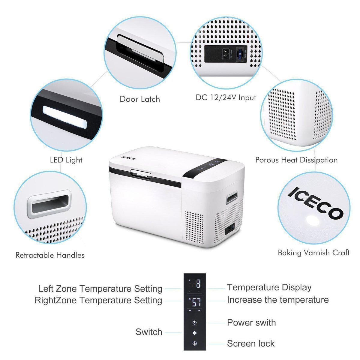 Angled view of the ICECO GO20 Dual Zone 12 Volt Portable Fridge Freezer, a 12 volt compressor fridge for overland travel