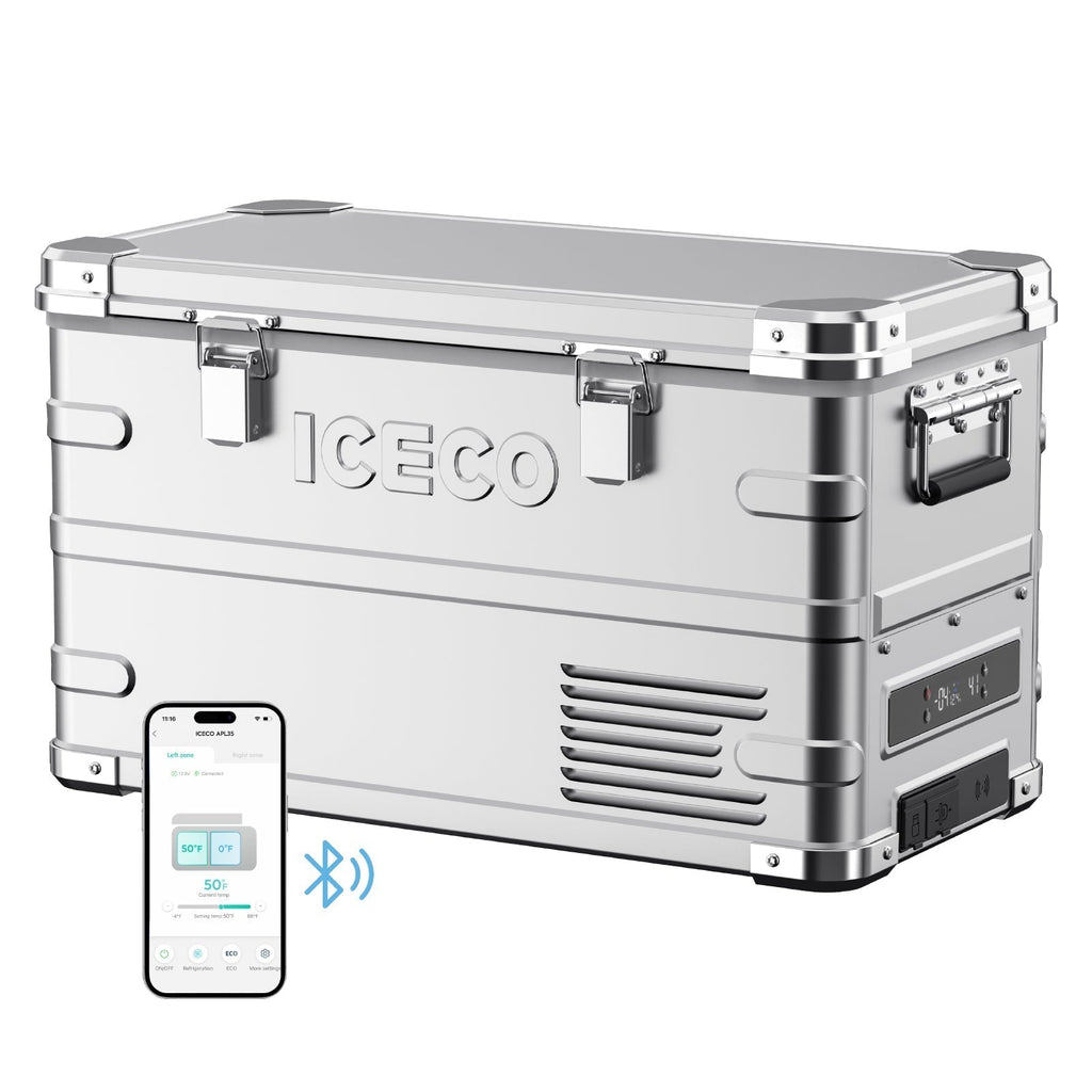ICECO APL35 dual zone aluminium 12 volt fridge, a 35 liter chest fridge with an alloy body
