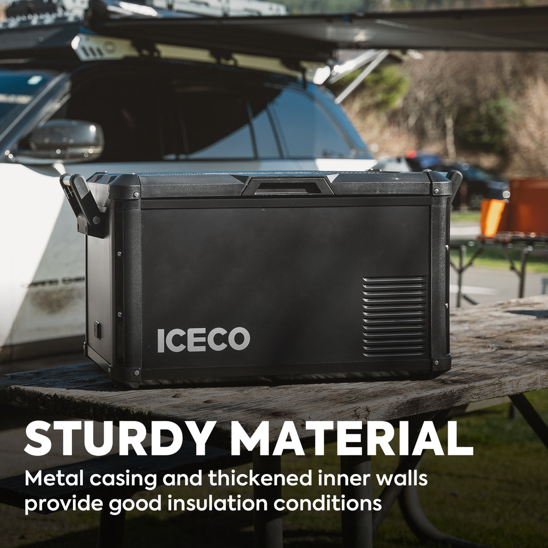 Close up of the ICECO VL35ProS Single Zone Portable Fridge Freezer, a 12 volt compressor fridge for overland travel