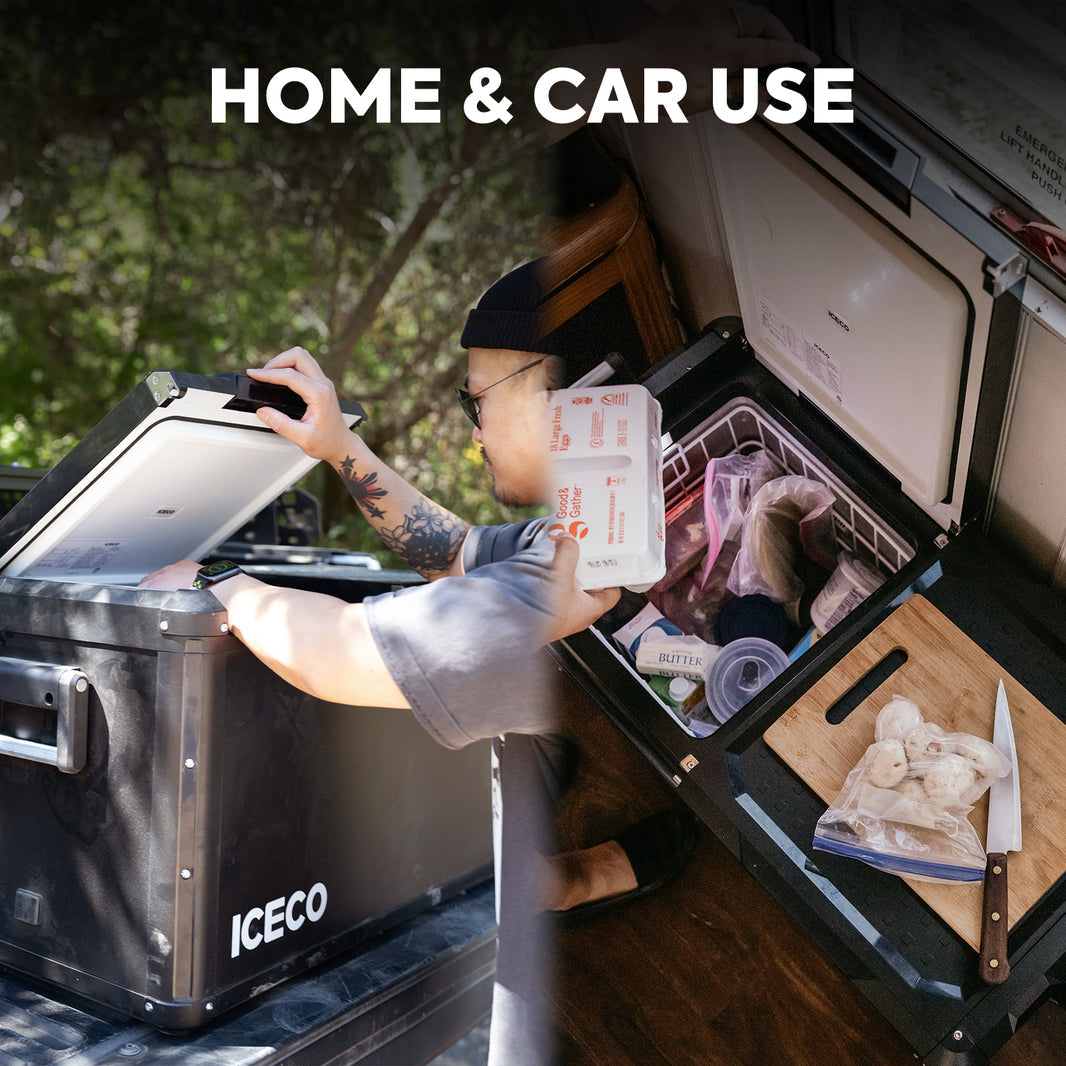 Angled view of the ICECO VL75ProD Dual Zone 12 Volt Fridge Freezer, a 12 volt compressor fridge for overland travel
