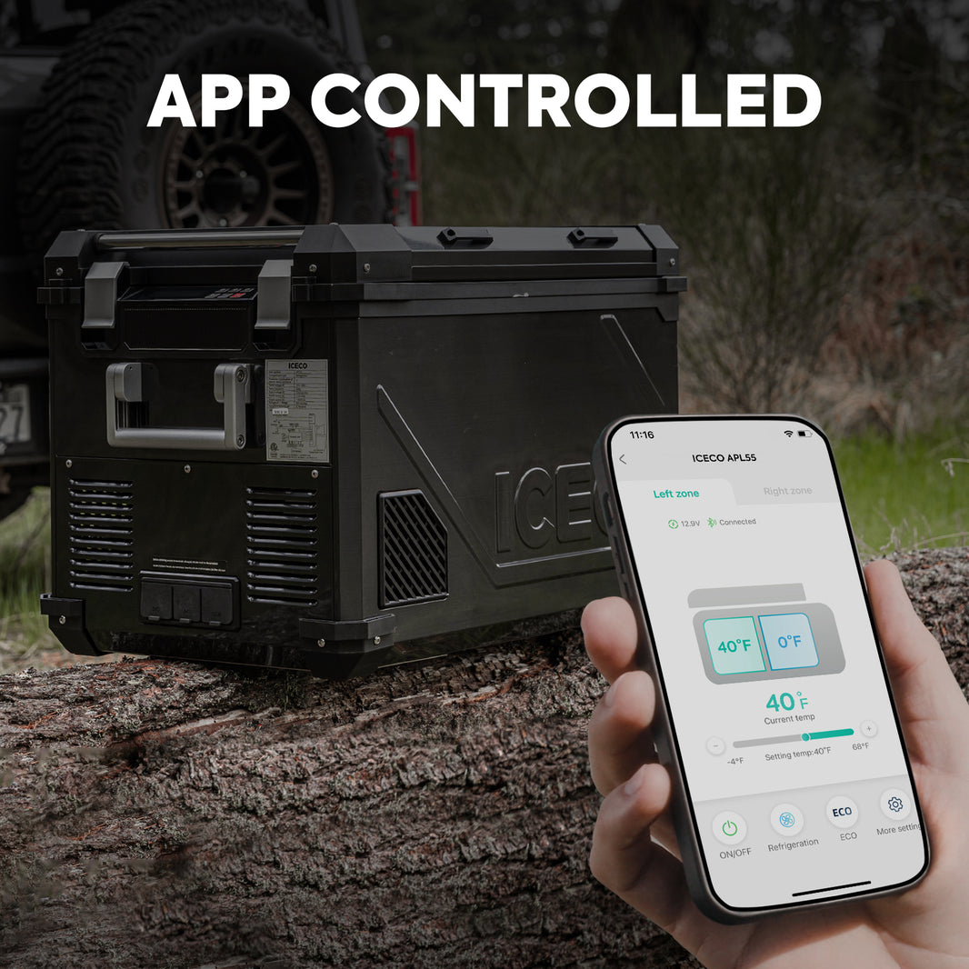 Product view of the ICECO APL55 Dual Zone 12 Volt Fridge, a 12 volt compressor fridge for overland travel