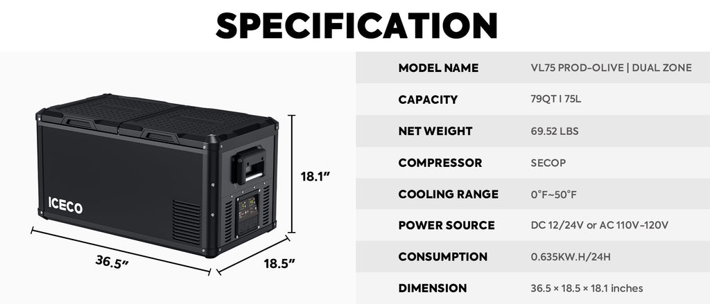 In use view of the ICECO VL75ProD Dual Zone 12 Volt Fridge Freezer, a 12 volt compressor fridge for overland travel