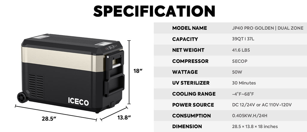 Alternate angle on the ICECO JP40 Pro Dual Zone Wheeled Fridge Freezer, a 12 volt compressor fridge for overland travel