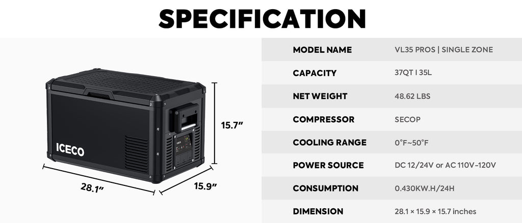 Studio view of the ICECO VL35ProS Single Zone Portable Fridge Freezer, a 12 volt compressor fridge for overland travel