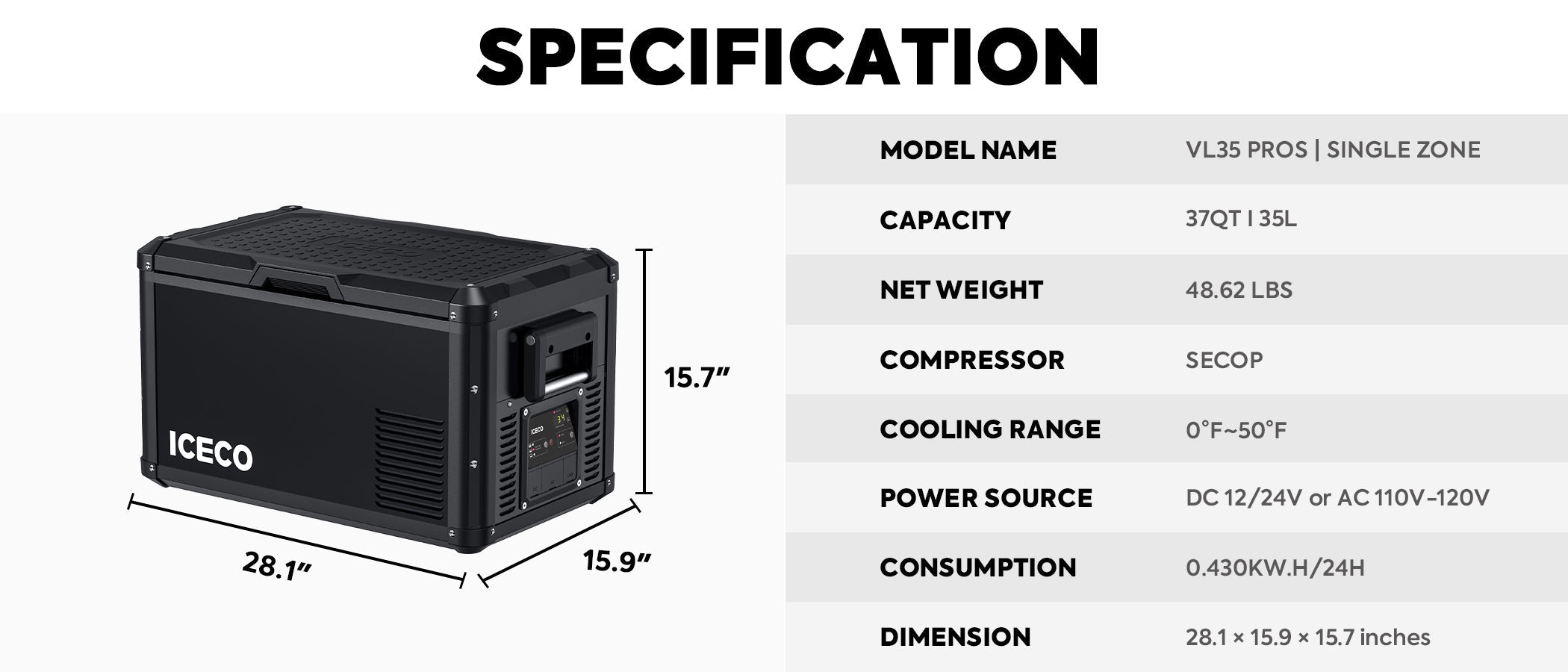 Studio view of the ICECO VL35ProS Single Zone Portable Fridge Freezer, a 12 volt compressor fridge for overland travel