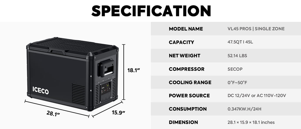 In use view of the ICECO VL45ProS Single Zone Portable Fridge Freezer, a 12 volt compressor fridge for overland travel