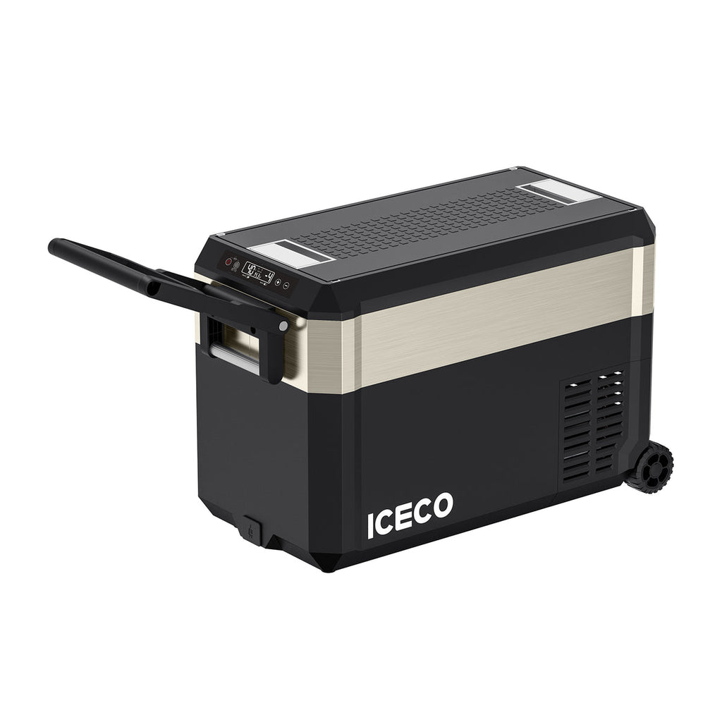 Angled view of the ICECO JP40 Pro Dual Zone Wheeled Fridge Freezer, a 12 volt compressor fridge for overland travel