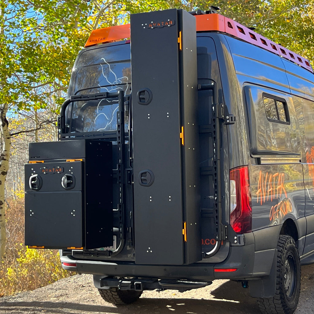 Studio view of the Avatar Offroad Ski 4 Rear Door Ski and Snowboard Box, fitted to an overland van build