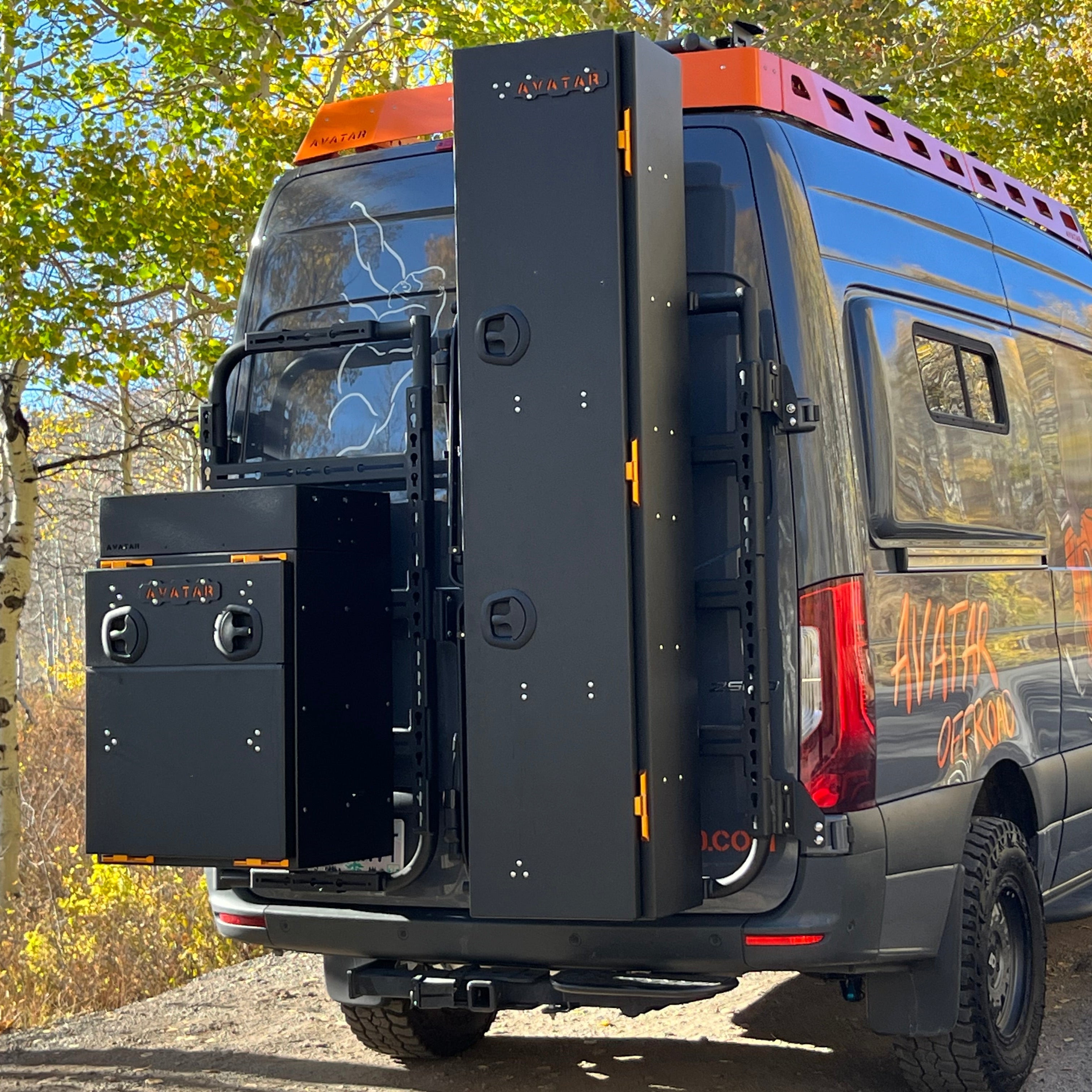 Studio view of the Avatar Offroad Ski 4 Rear Door Ski and Snowboard Box, fitted to an overland van build