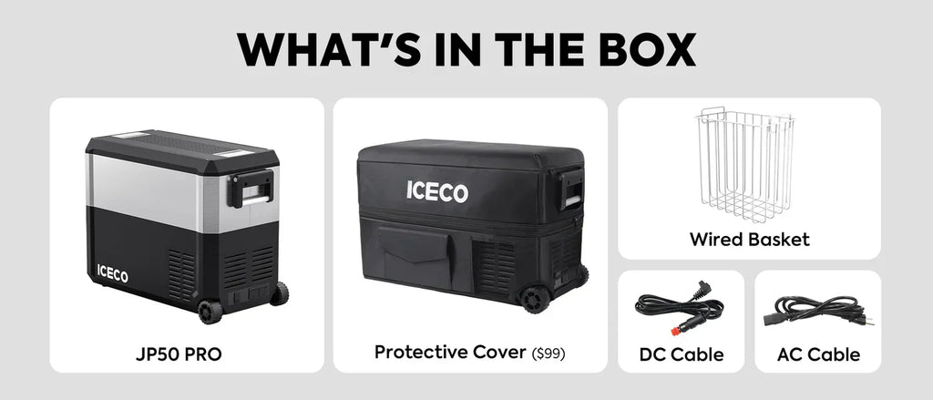Gallery view of the ICECO JP50 Pro Dual Zone Wheeled Fridge with Cover, a quilted insulated cover for the portable fridge