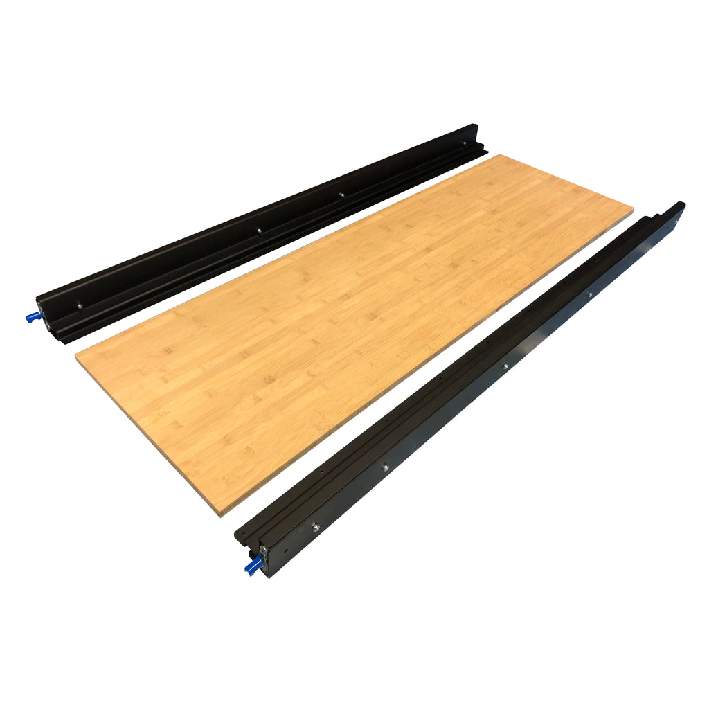 Angled view of the RB Components 60 Inch DIY Slide Tray Kit, a full extension slide tray with a timber deck for van cargo