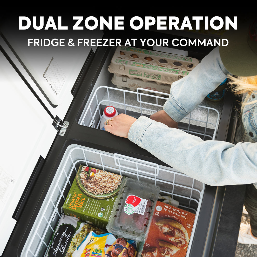 Close up of the ICECO VL90ProD Dual Zone 12 Volt Fridge Freezer, a 12 volt compressor fridge for overland travel