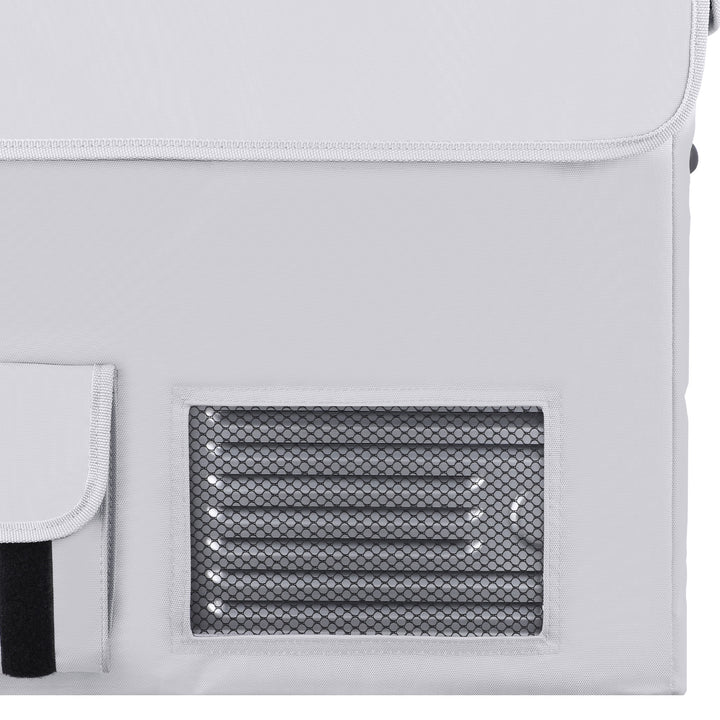 Close up of the ICECO Insulated Cover for APL35 Fridge, a quilted insulated cover for the portable fridge