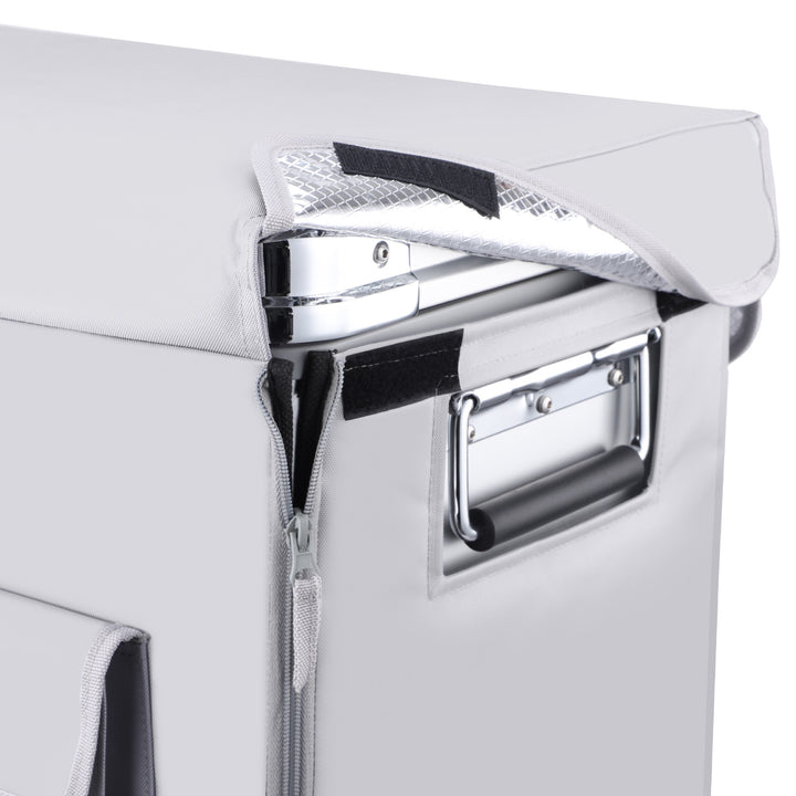 Angled view of the ICECO Insulated Cover for APL35 Fridge, a quilted insulated cover for the portable fridge