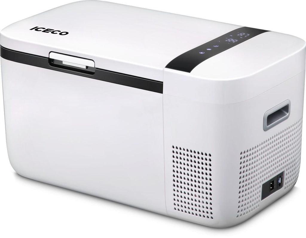 ICECO GO20 dual zone 12 volt portable fridge freezer, a compact white and black chest cooler