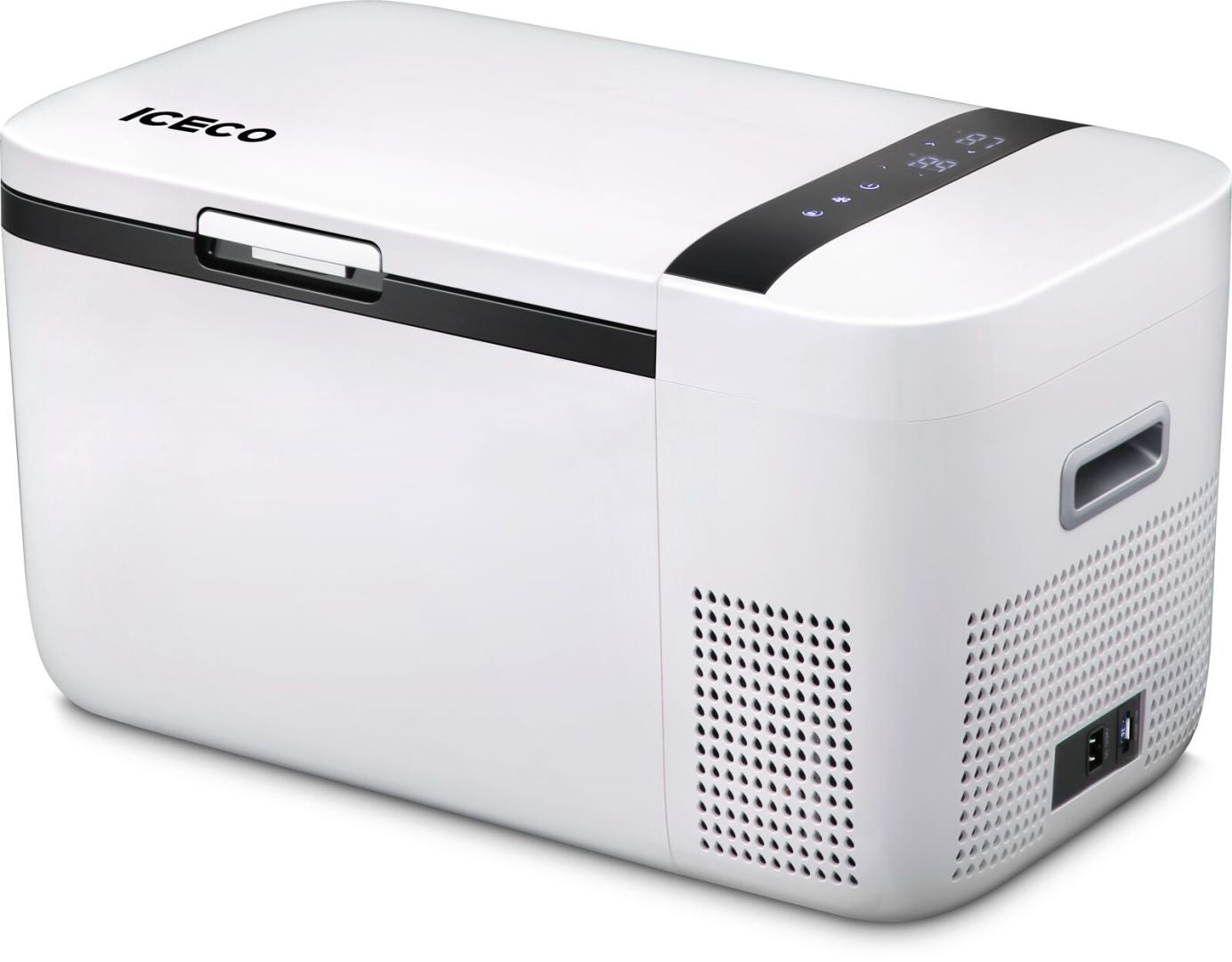 ICECO GO20 dual zone 12 volt portable fridge freezer, a compact white and black chest cooler