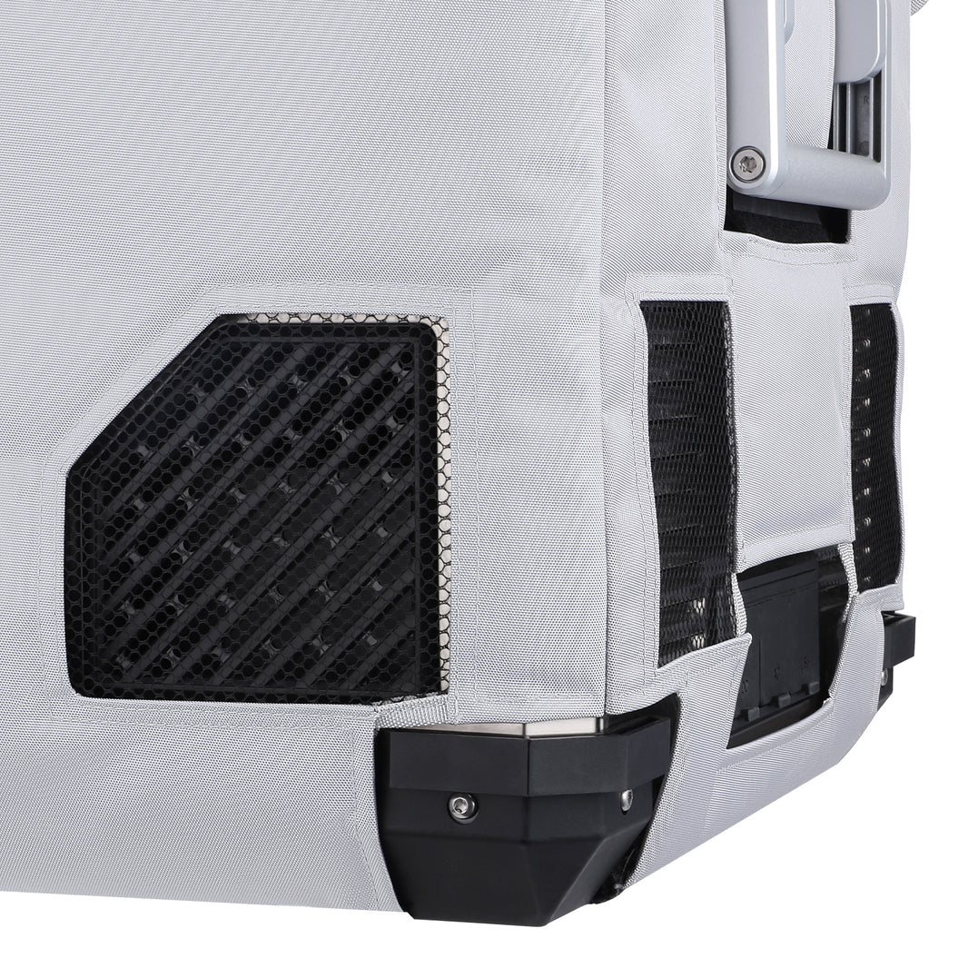 Close up of the ICECO Insulated Cover for APL55 Fridge, a quilted insulated cover for the portable fridge