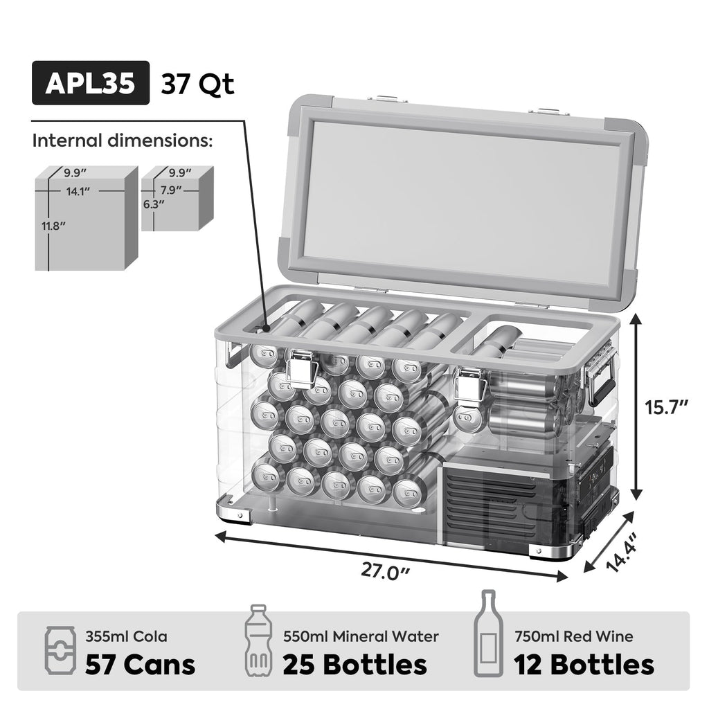 Specification diagram for the ICECO APL35 Dual Zone Aluminum 12 Volt Fridge, a 12 volt compressor fridge for overland travel