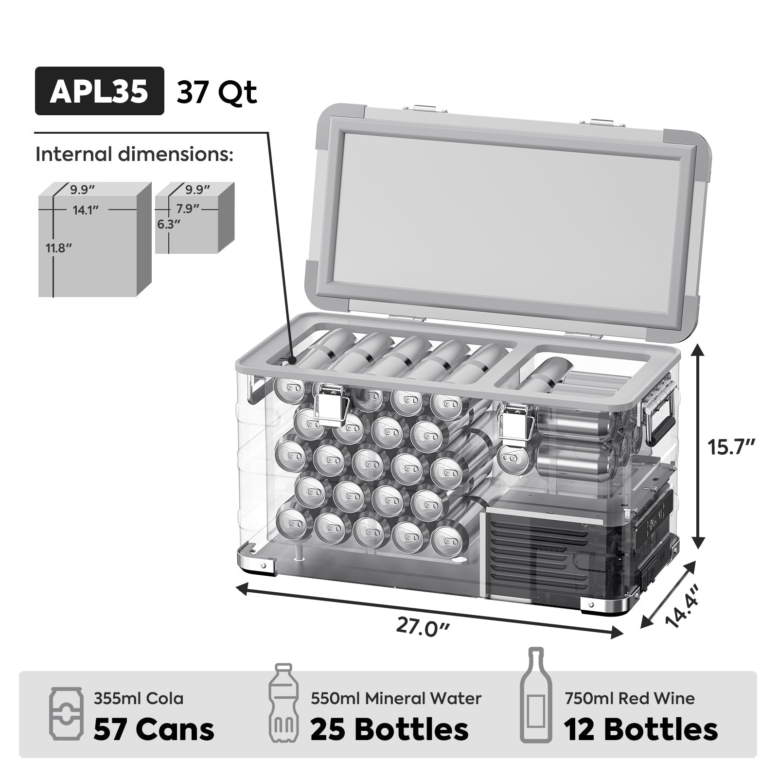 Specification diagram for the ICECO APL35 Dual Zone Aluminum 12 Volt Fridge, a 12 volt compressor fridge for overland travel
