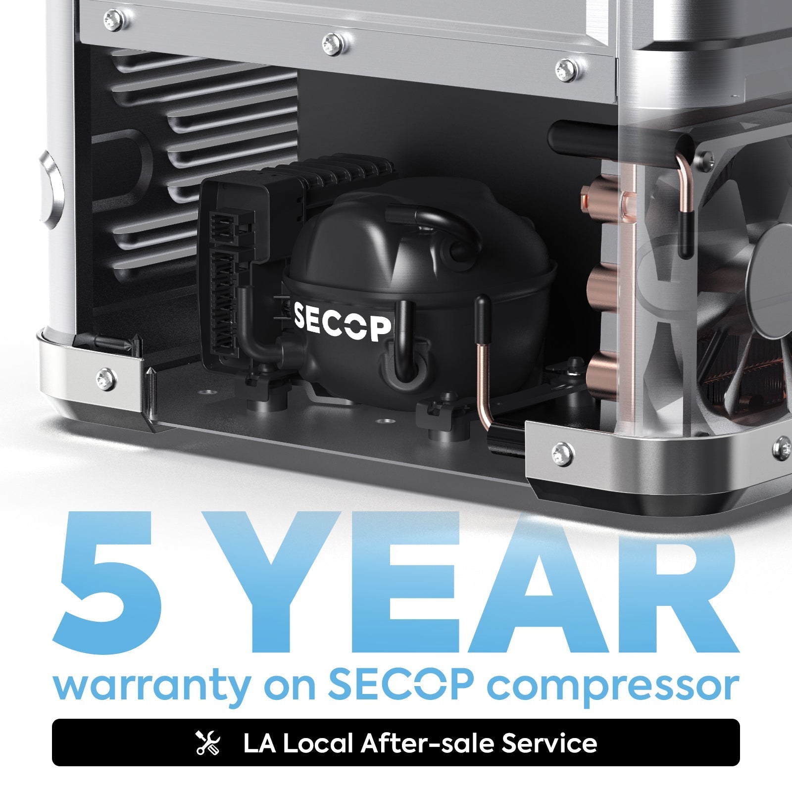 Compressor detail of the ICECO APL35 Dual Zone Aluminum 12 Volt Fridge, a 12 volt compressor fridge for overland travel
