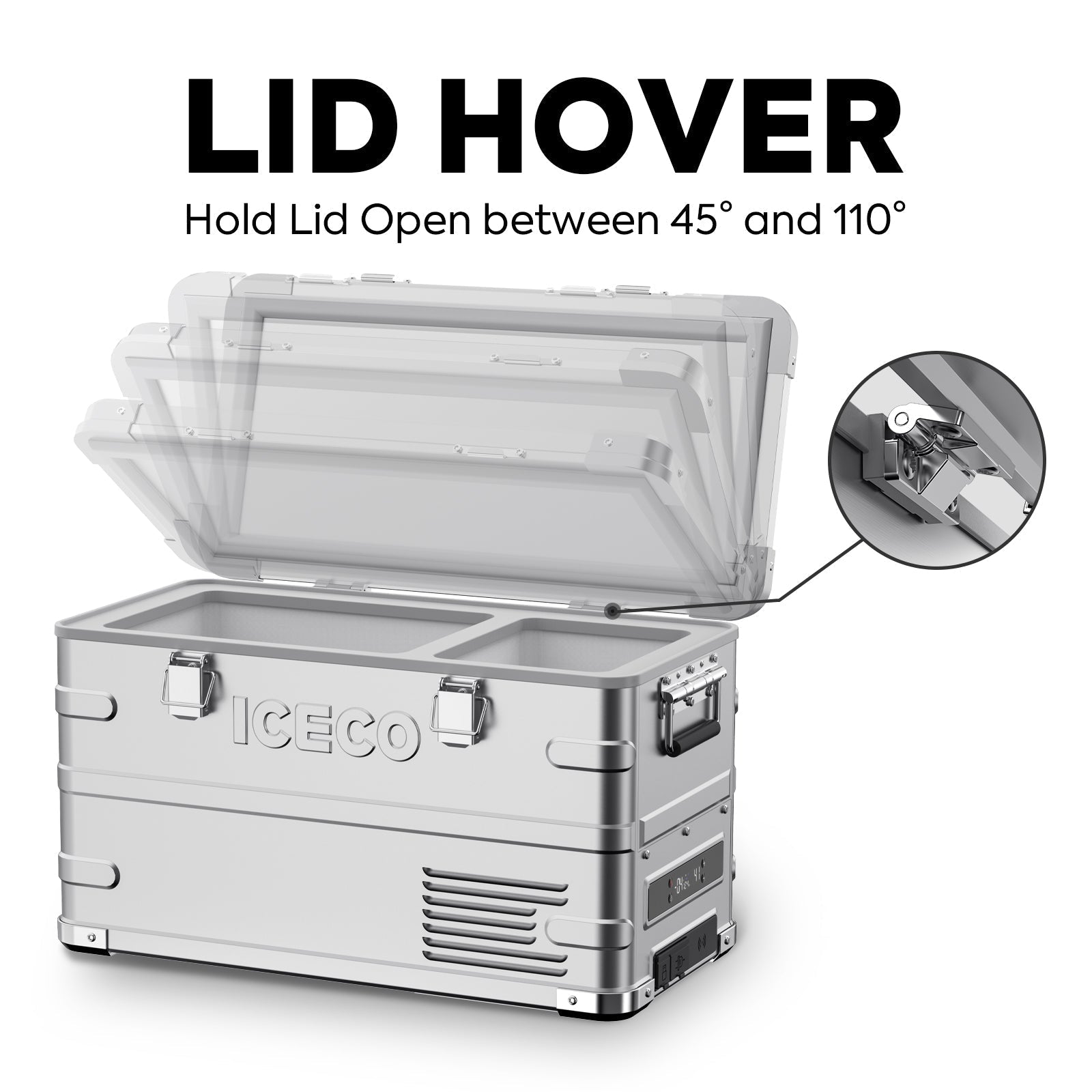Detail view of the ICECO APL35 Dual Zone Aluminum 12 Volt Fridge, a 12 volt compressor fridge for overland travel