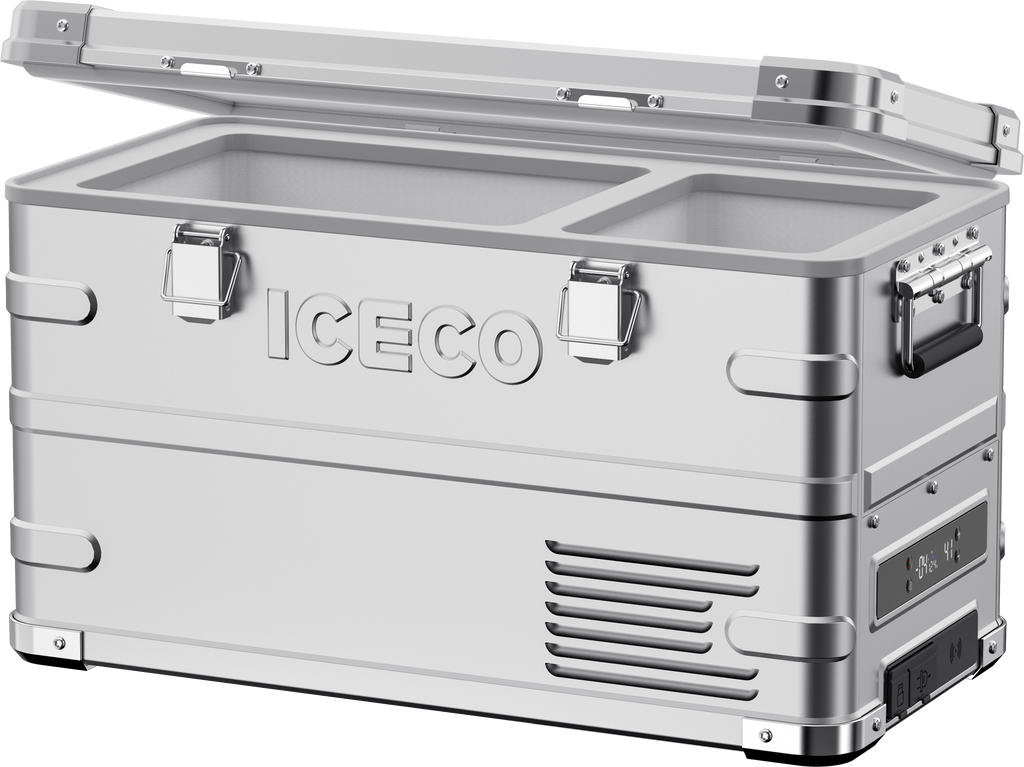 Open view of the ICECO APL35 Dual Zone Aluminum 12 Volt Fridge, a 12 volt compressor fridge for overland travel