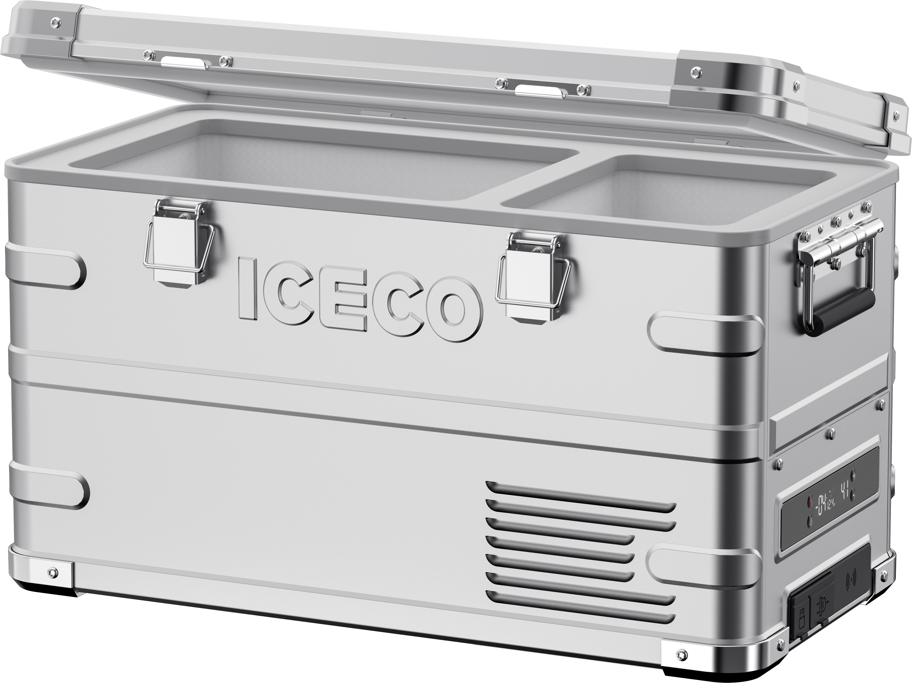 Open view of the ICECO APL35 Dual Zone Aluminum 12 Volt Fridge, a 12 volt compressor fridge for overland travel