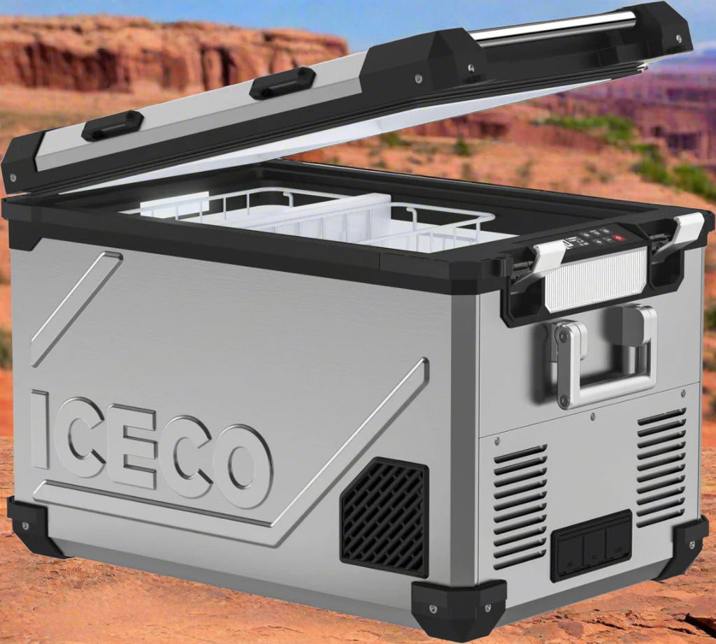 Open view of the ICECO APL55 Dual Zone 12 Volt Fridge, a 12 volt compressor fridge for overland travel