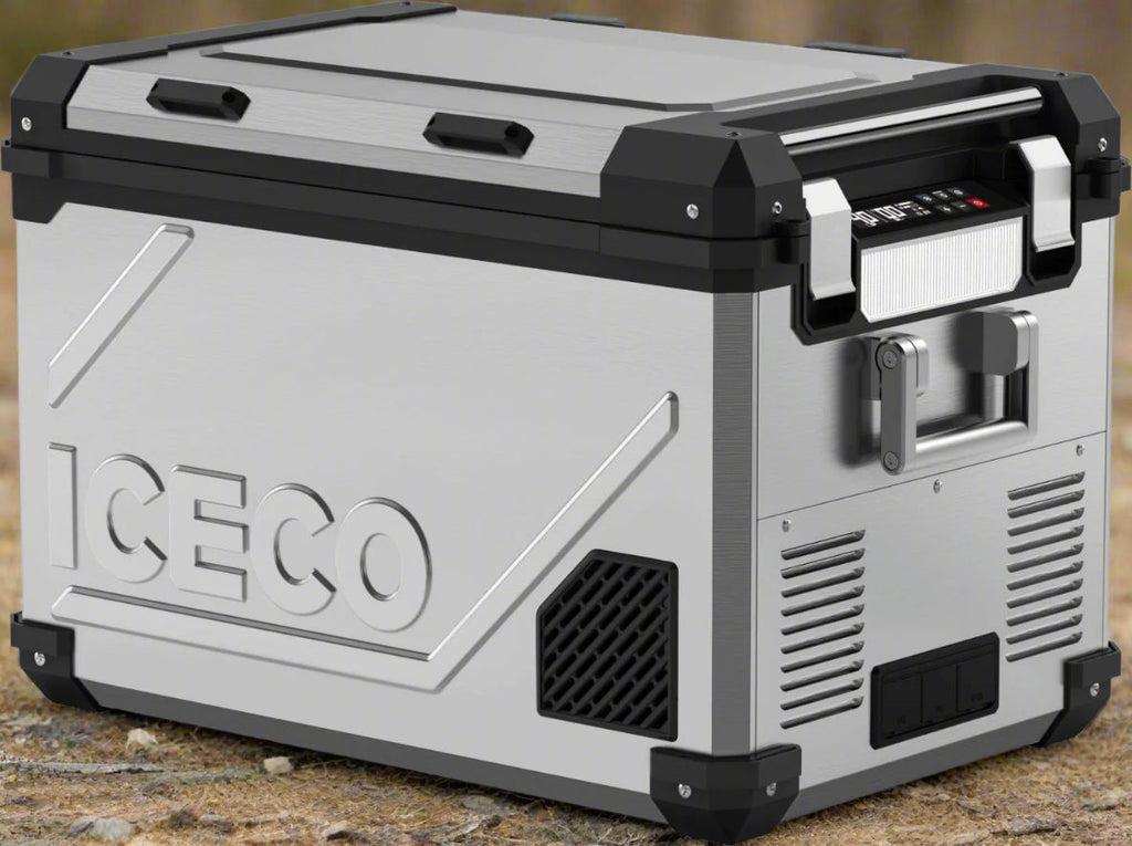 ICECO APL55 dual zone 12 volt fridge in silver, a 55 liter aluminium bodied chest fridge