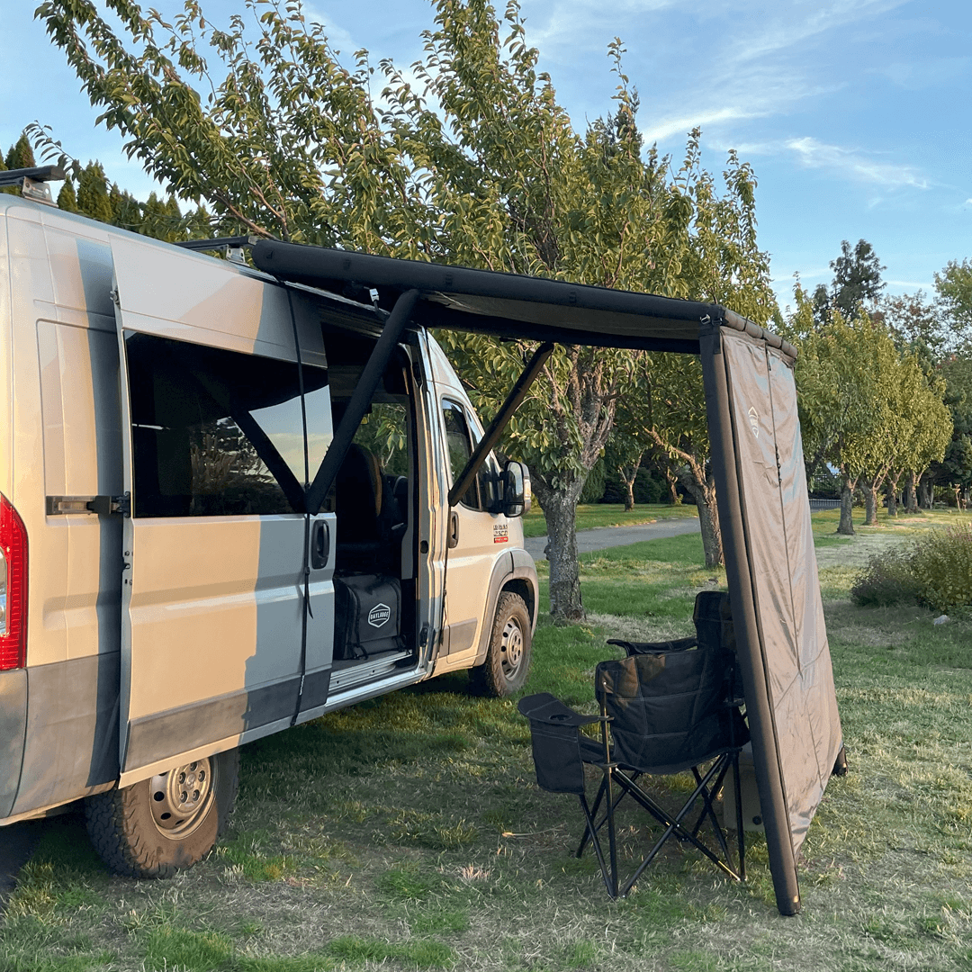 Close up of the DAYLODGE AirHaven 40 Annex Wall Kit, part of a vehicle based camp and travel setup