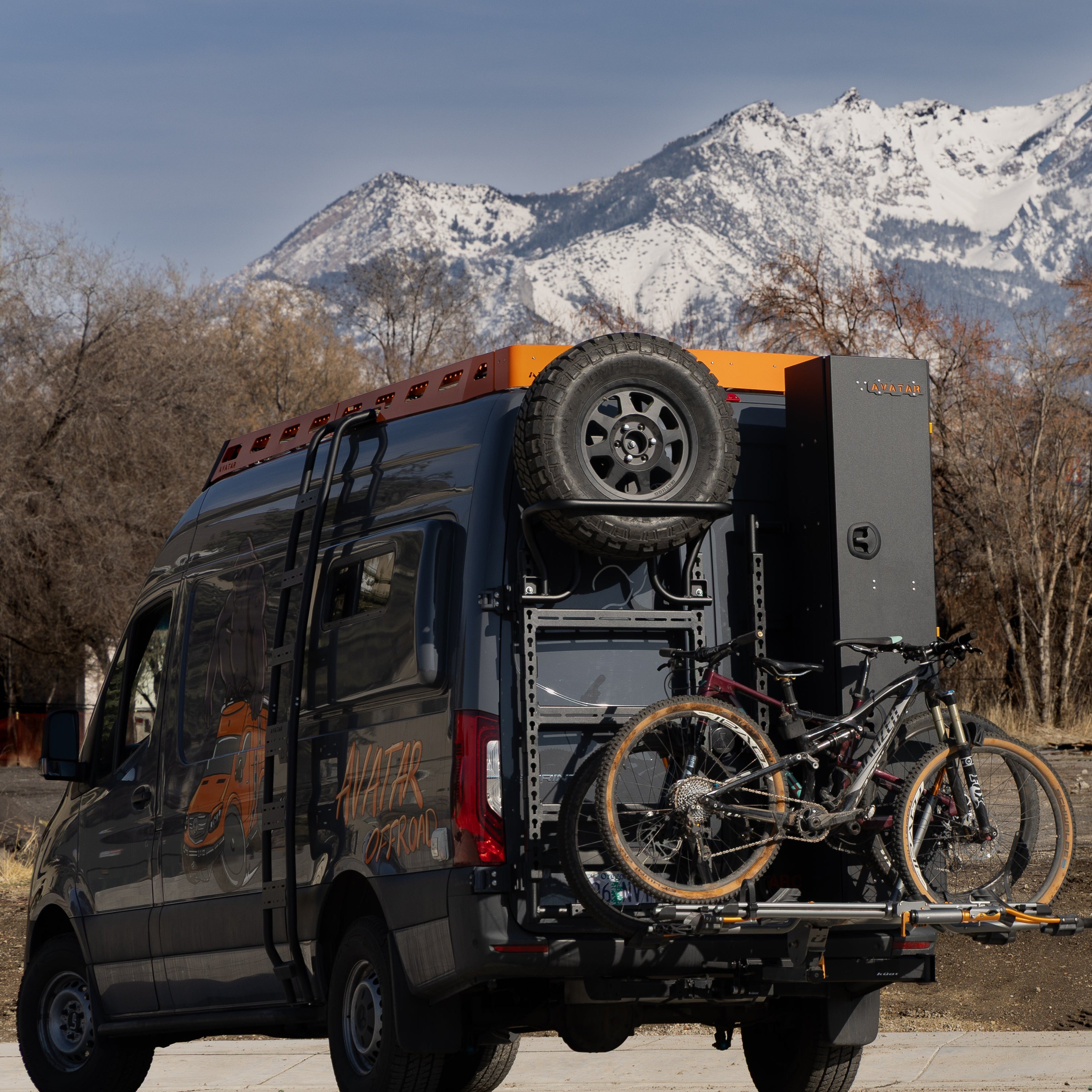 Alternate view of the Avatar Offroad Massif Van Rear Door Storage System, fitted to an overland van build