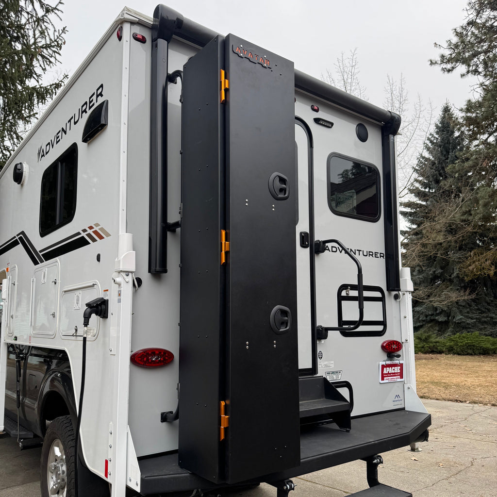Wider view of the Avatar Offroad Ski 4 Rear Door Ski and Snowboard Box, fitted to an overland van build