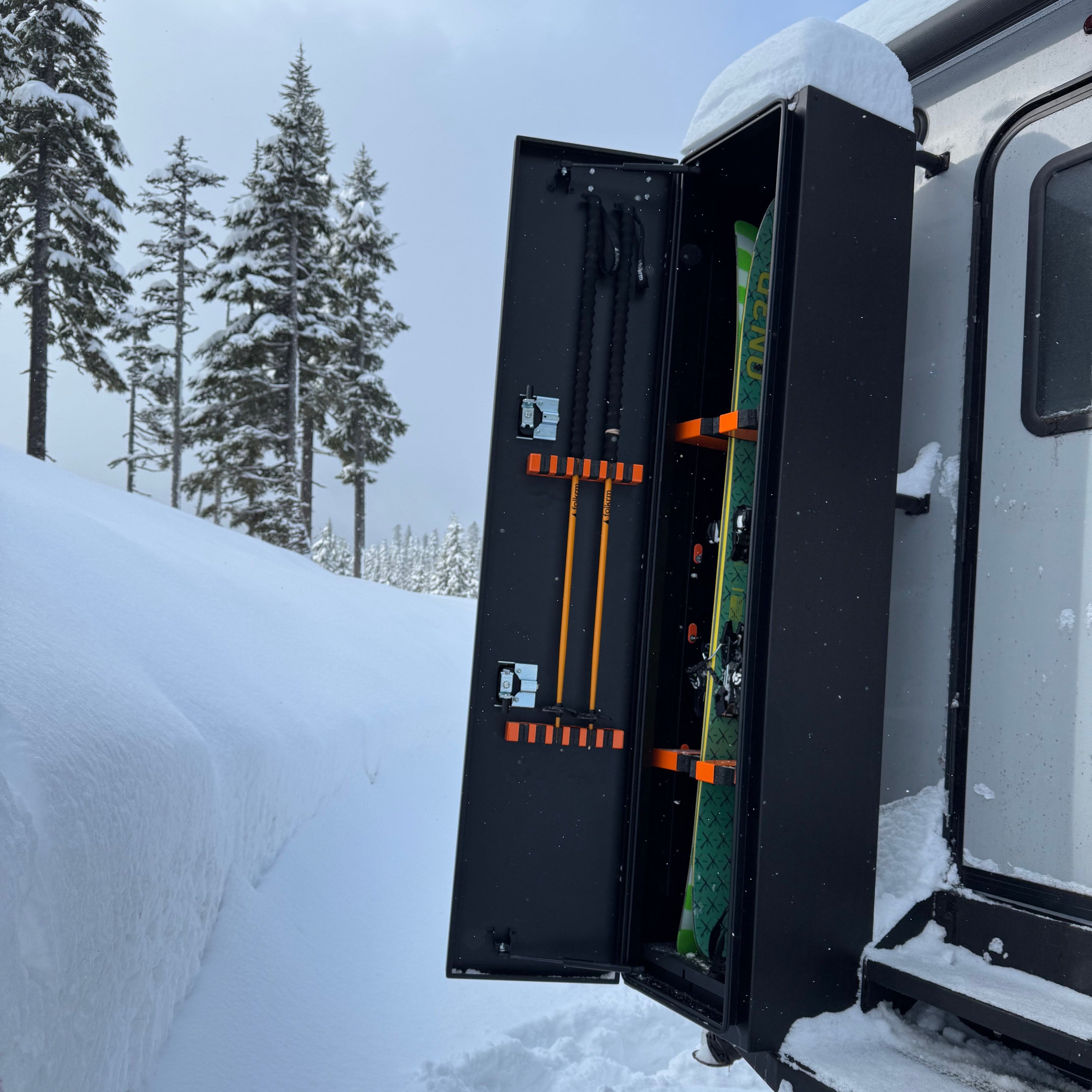 Close up of the Avatar Offroad Ski 4 Rear Door Ski and Snowboard Box, fitted to an overland van build