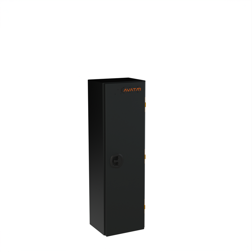 Avatar Offroad Centi wide van storage box shown closed, a long matte black aluminium rear door case