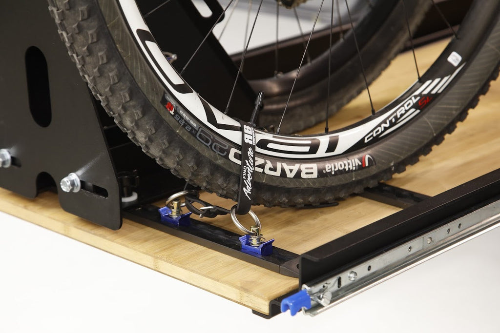 Close up of the RB Components 20 Inch DIY Slide Tray Kit, a full extension slide tray with a timber deck for van cargo