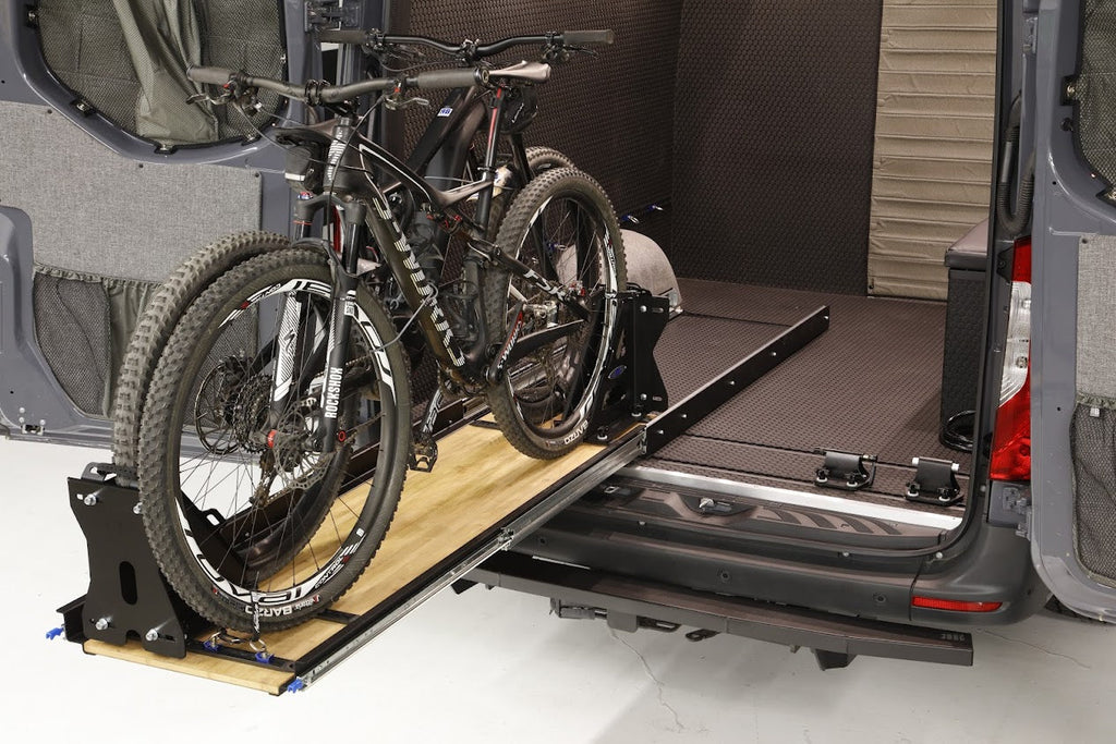 Angled view of the RB Components 20 Inch DIY Slide Tray Kit, a full extension slide tray with a timber deck for van cargo