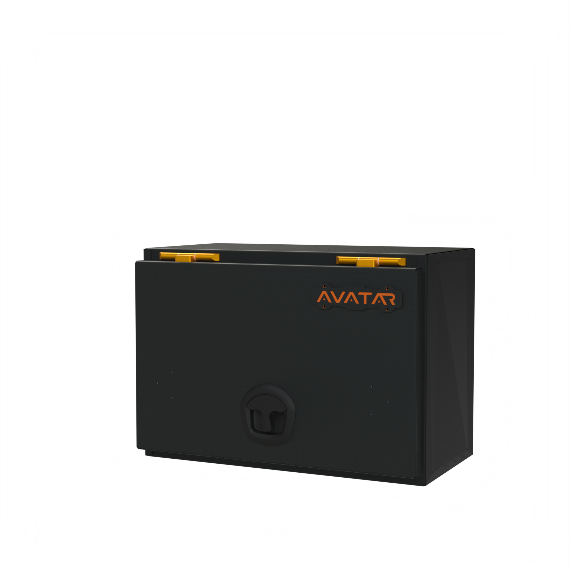 Avatar Offroad Deka small rear door storage box shown closed in slim matte black powder coated aluminium