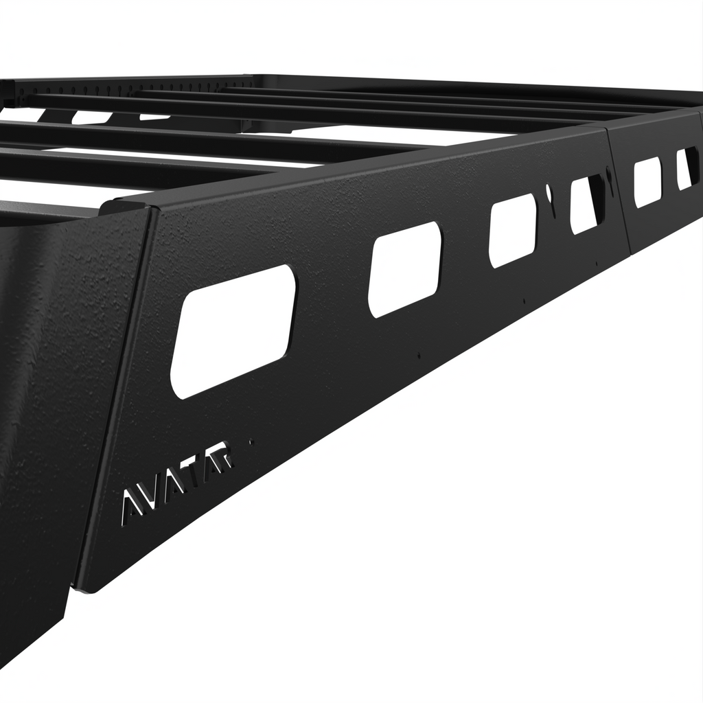 Additional view of the Avatar Offroad Pioneer Roof Rack for Ford Transit, fitted to an overland van build
